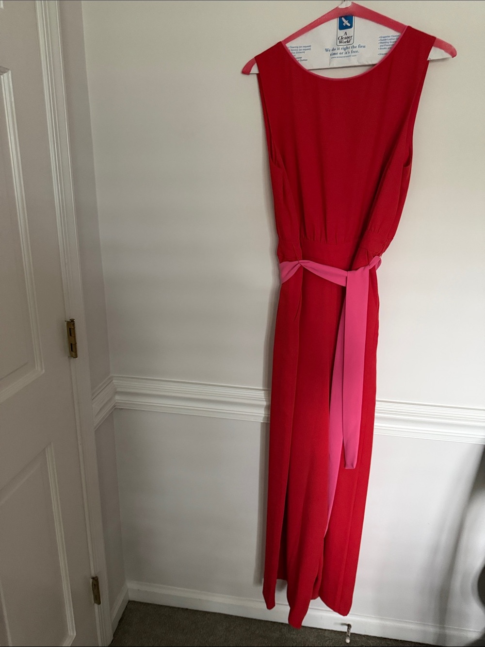 Women's Red Jumpsuit with Pink Tie Belt